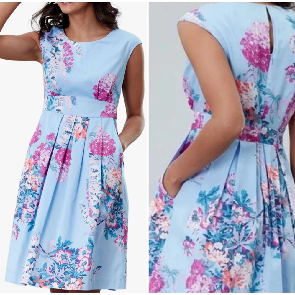 Joules Katalina Blue Floral Fit and Flare Dress Sleeveless SZ 10 British Style